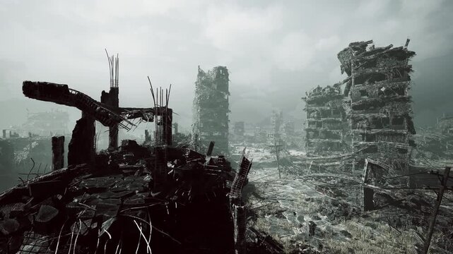 foggy broken avenue strewn with debris, collapsed facades flank empty thoroughfare, distant tower looms through haze, scattered vehicle carcasses and bent