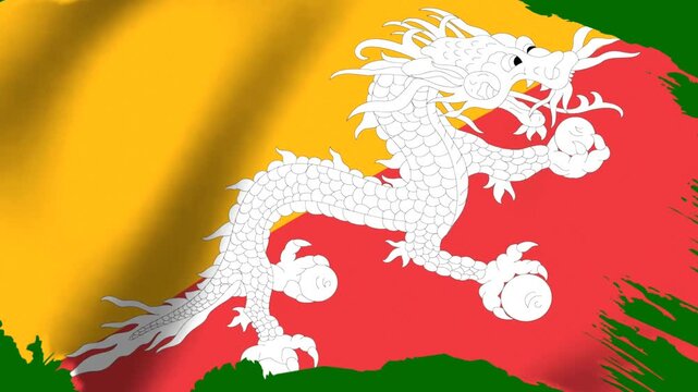 National flag of Bhutan featuring the white dragon over yellow and orange background