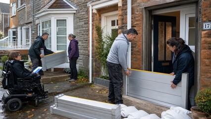 Fototapeta premium Neighbors Installing Temporary Flood Barriers