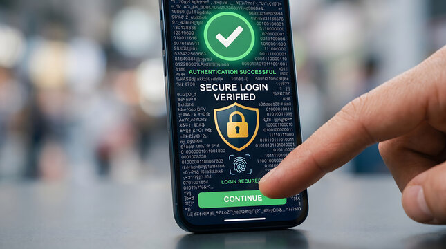 Secure Authentication and Login Verified on Mobile Smartphone Screen with Finger Touching Button for Cyber Security Concept and Data Protection.