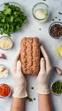 Hands shaping raw meatloaf with ingredients