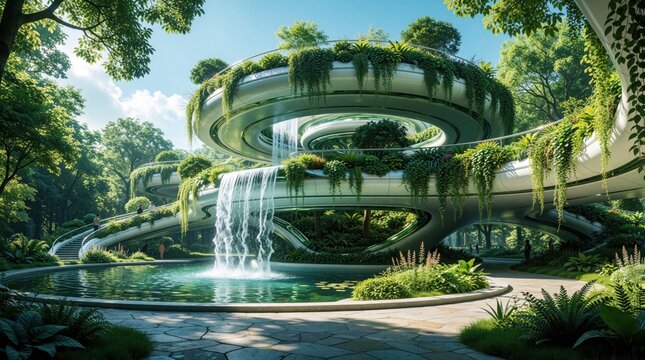 Futuristic park with organic architecture waterfalls and rich plants. People walk on elevated pathways, enjoying a serene eco-friendly cityscape. Modern building design blends with nature.