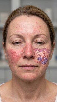 Facial erythema disorder: rosacea condition, cosmetic dermatology, cutaneous vascularity, inflamed epidermis, papule cluster, pustule formation, cross section, vessel dilation, dermal tissue.