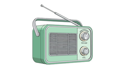 Obraz premium Retro mint green portable radio with antenna and volume knobs, isolated on white background.