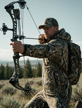 Man in camo draws compound bow ready to shoot. Archer aims weapon in grassy field with trees. Hunter wears backpack outdoors. Focus on skill and preparation.