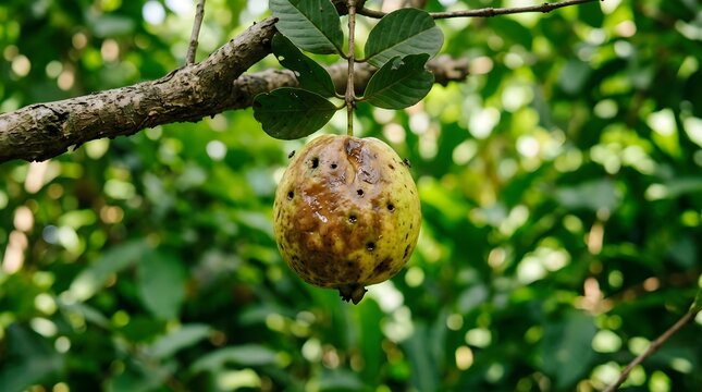 Rotten guava fruit hanging on a tree branch with soft rot and insect damage in orchard.