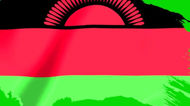 National flag of malawi featuring a rising sun on black red and green horizontal stripes with brush stroke effect