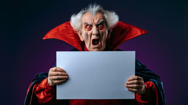 Terrified Elderly Vampire Holding Blank Halloween Advertising Sign
