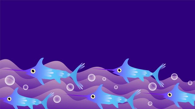 blue swordfish swimming over ocean waves with bubbles background