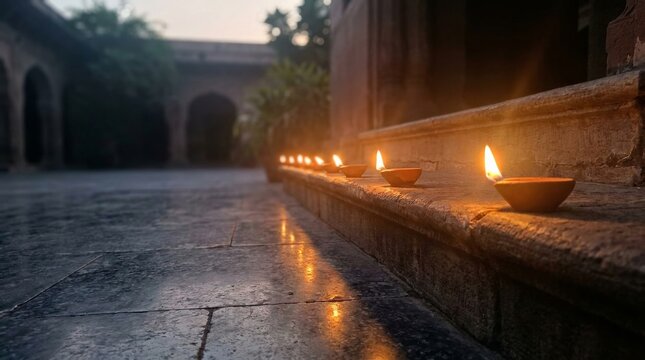 Row of lit clay diyas lining stone steps in historic courtyard at dusk