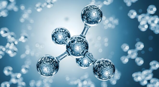 3D silver molecular structure model with interconnected spheres against blue gradient background