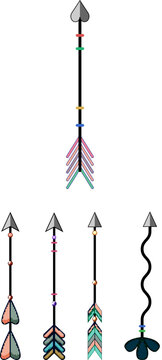 Collection of boho style arrows featuring abstract fletching, colorful beads, and decorative elements creating a unique and artistic primitive design