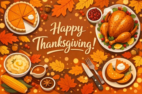 Thanksgiving dinner flat lay with roasted turkey pumpkin pie and sides for holiday background banner and table design