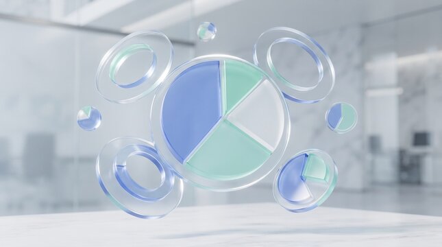 3D glass pie chart and data visualization elements floating in a modern office background.