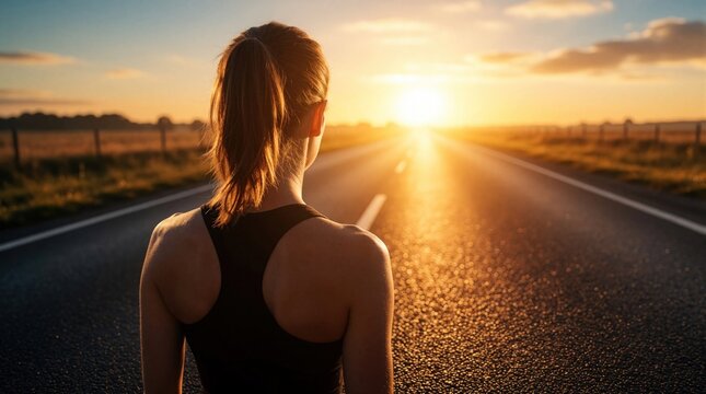 Woman backs onto morning road. Runs at sunrise. Stretches arms. Motivated, healthy. Road stretches ahead sun up. Traveler, runner, athlete. Road travel, exercise. Morning light, determination,