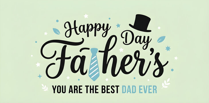 Happy Father's Day greeting card design with text, a necktie, and a top hat against a light green background. Perfect for holiday celebration banners and social media posts.