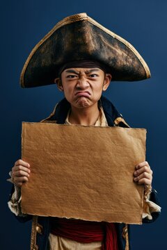 Furious Pirate Boy Holding Blank Halloween Advertising Sign