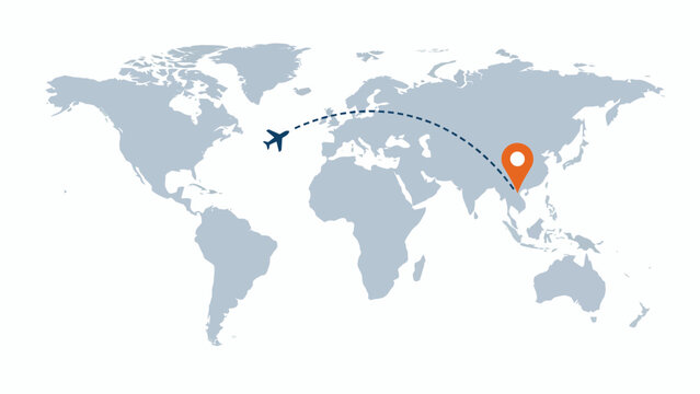 World map showing flight route between two distant locations with icons