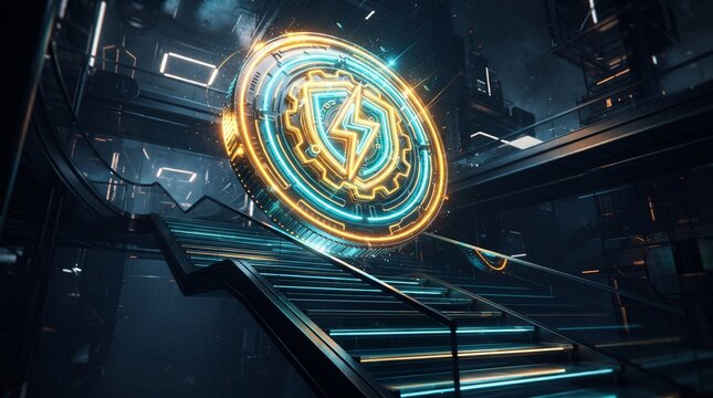 Glowing neon cryptocurrency coin floating above modern dark staircase in futuristic interior