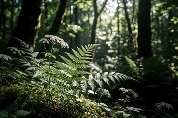 Naklejka premium Green fern leaves, small white wildflowers grow in dark forest. Sunlight shines through trees on wild plants. Close up of forest flora during spring summer season. Natural woodland background with