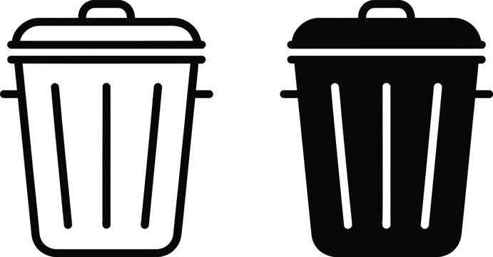 Trash can icon set, garbage bin vector symbols for waste management and recycling design.