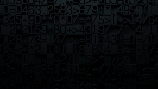 Close-Up of Dark Textured Surface Featuring Varied Sizes of Mathematical Symbols and Numbers for Digital Identity, Data Visualization, and Graphic Design Projects