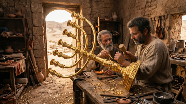Bezalel and Oholiab, the Spirit-filled master craftsmen, meticulously hammering the intricate, solid gold Menorah for the Tabernacle