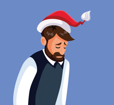 Sad Depressed Man Wearing Santa Hat Suffering From Holiday Depression Loneliness Concept. Vector illustration of a sad lonely man with a Santa hat feeling depressed during Christmas 