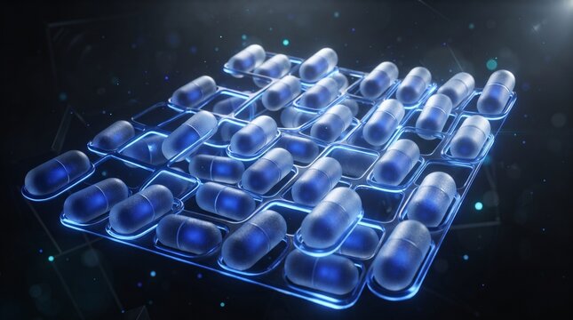 Grid of glowing blue medical capsules floating in dark space for pharmaceutical research