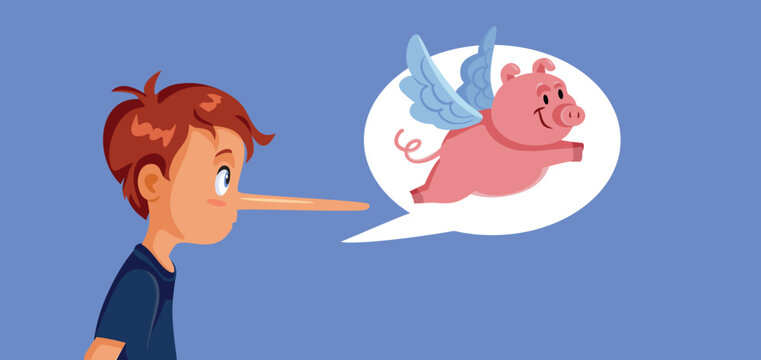 Long Nose Boy Character Telling Lies About Flying Pigs Dishonesty Concept Illustration. Vector illustration of a dishonest boy with a long nose lying about flying pigs 