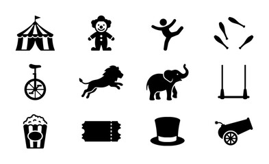 Circus Icons Set: Carnival Tent, Clown, Juggler, Lion, Elephant, Acrobat, Popcorn, Top Hat, Cannon, Ticket, Unicycle, Juggling Pins, Vector Graphics for Entertainment and Events © Sifat