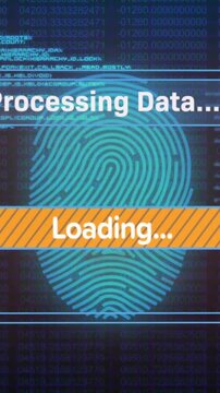 Animation of loading bars, computer language, fingerprint and changing numbers on black background