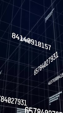 Animation of graphs, changing numbers and letters with grid pattern over black background