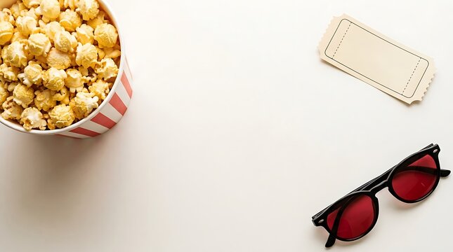 Cinema movie night concept with popcorn, 3D glasses, and a cinema ticket on white background