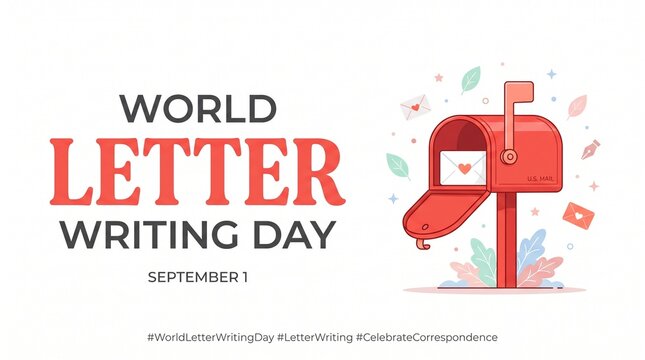 Graphic card for World Letter Writing Day featuring a bright red mailbox full of mail on a clean transparent background.