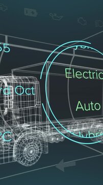 Animation of battery level over electric truck project on navy background
