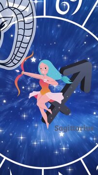 Animation of aries star sign and zodiac wheel spinning over stars on blue background