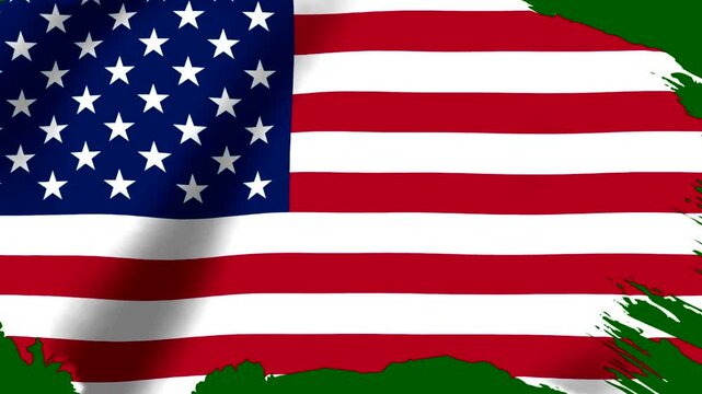 Waving american flag with a decorative green brush stroke frame design element