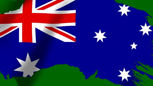 Waving australian flag with a grunge texture effect on a green background