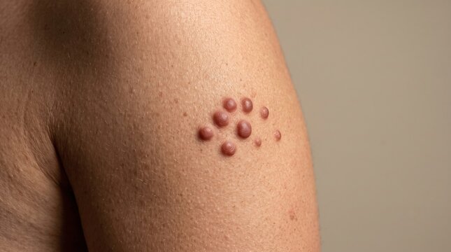 Cluster of raised reddish skin papules lesions on male shoulder