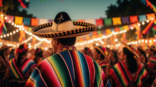 Man wears sombrero and poncho at outdoor mexican festival at night. Colorful lights and flags decorate venue. Crowd enjoys music, food, and party celebration.