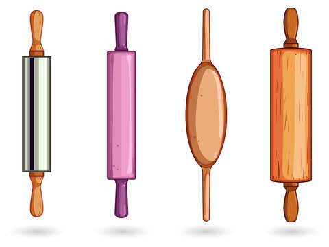 Four colorful rolling pins for baking on transparent background