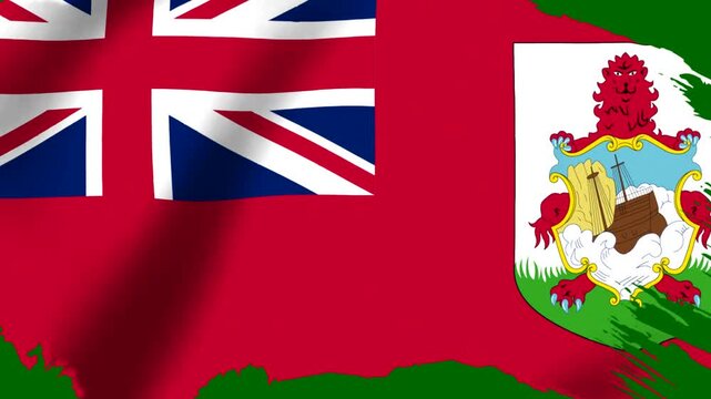 Waving flag of Bermuda with a textured artistic green brush stroke edge design