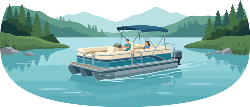 Pontoon boat cruising on calm lake water with mountain landscape and forest scenery