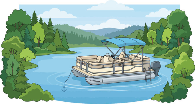 A blue pontoon boat floating peacefully on a calm lake surrounded by lush green forest