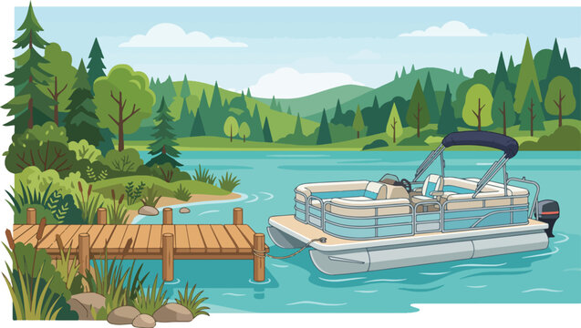 Pontoon boat floating near wooden dock in calm lake water with forest landscape