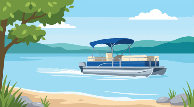 Blue pontoon boat cruising across calm lake water near green forest shore vector illustration