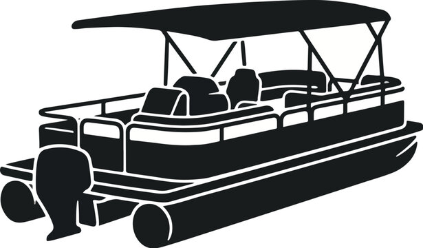 Black silhouette icon of a pontoon boat with canopy top and motor engine for water recreation