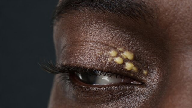 Macro Close Up of Eyelid Xanthelasma Cholesterol Fatty Deposits on Dark Skin