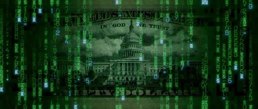 Digital Currency Concept with Fifty Dollar Bill made from Animated Numbers and Symbols. Cryptocurrency Banking Wallpaper.